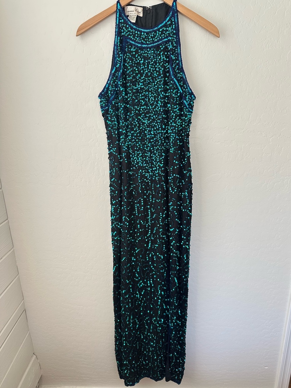 Vintage Laurence Kazar Black Silk Sequin Front Slit Halter Formal Gown, L